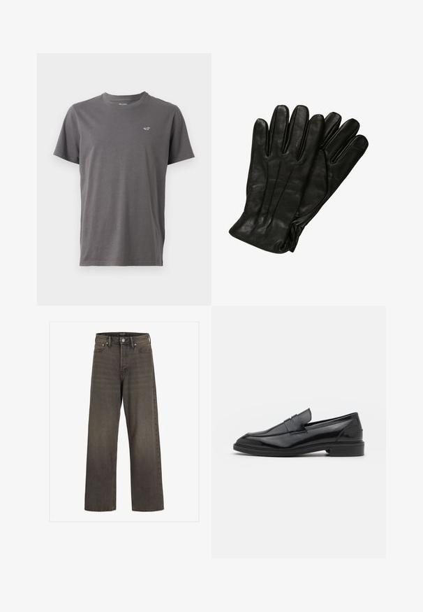 Grå kortermet T-skjorte laget av bomull, med rund hals og en liten brodert logo på venstre bryst. Glatt tekstur.; Videbukser i mørkegrå denim, med høj talje, klassisk fem-lomme design og kontrasterende syninger langs sømmene.; Sorte skinnloafers med en glatt overflate, med rund tå og en smal band over vristen. Lavt stablet hæl.; Sorte skinnhansker med en glatt tekstur, fem fingre og subtile sømdetaljer. Klassisk design, egnet for bruk i kalde værforhold.