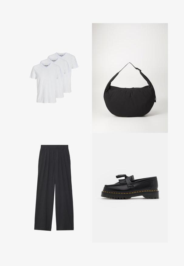 Trei tricouri albe cu mânecă scurtă și decolteu în V, din bumbac, cu un design simplu, având o culoare contrastantă la guler și un logo subtil al brandului pe interior.; Pantaloni largi dintr-un material gri închis. Prezintă pliuri la talie, un design ajustat și o siluetă dreaptă.; Mocasini din piele neagră cu un accent ciufulit, având o talpă groasă neagră și cusături galbene pe margine. Finisaj texturat.; Geantă de umăr din material textil negru, cu o formă curbată, având un singur mâner și închidere cu fermoar. Textură moale, design minimalist.