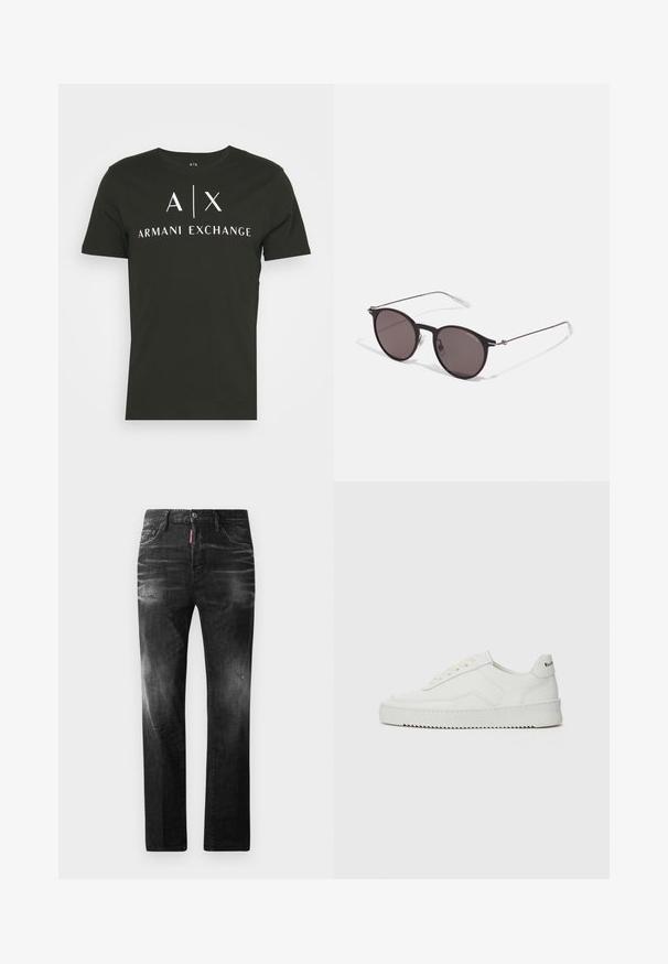 T-shirt preto de gola redonda feita de algodão, com o logótipo "A|X ARMANI EXCHANGE" em branco. Mangas curtas e um corte descontraído.; Jeans de denim preto com um corte reto. Apresentam áreas desbotadas, ligeira degradação, design clássico de cinco bolsos e um fecho de botão.; Sapatilha de couro branco com acabamento suave, bico redondo, atacadores planos e uma sola texturizada. Apresenta um logotipo discreto no calcanhar.; Óculos de sol redondos pretos com lentes escuras e hastes metálicas finas. Inclui pontas de templo transparentes e detalhes em prata na dobradiça. Design minimalista.