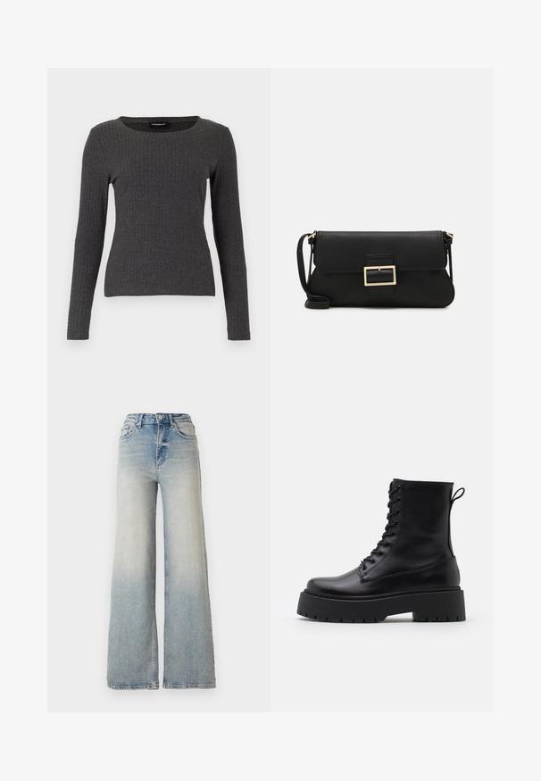 Even&Odd Langarmshirt - dark grey melange; Hellblaue weit geschnittene Jeans aus Denim, mit hoher Taille, fünf Taschen und sichtbaren Nähten entlang der Säume.; Schwarze Lederstiefeletten mit runder Zehenpartie, Schnürung vorne und einer dicken Gummisohle mit strukturiertem Profil. Mit Zugschlaufe an der Rückseite.; Schwarze Leder-Clutch mit Klappe und goldfarbenem Metallschnallen-Detail. Enthält einen schwarzen Riemen und ein schlankes, minimalistisches Design.; Goldfarbene Ohrringe in Form von dünnen, runden Kreolen, mit einer glatten, metallischen Oberfläche und ohne Verzierungen oder Muster.