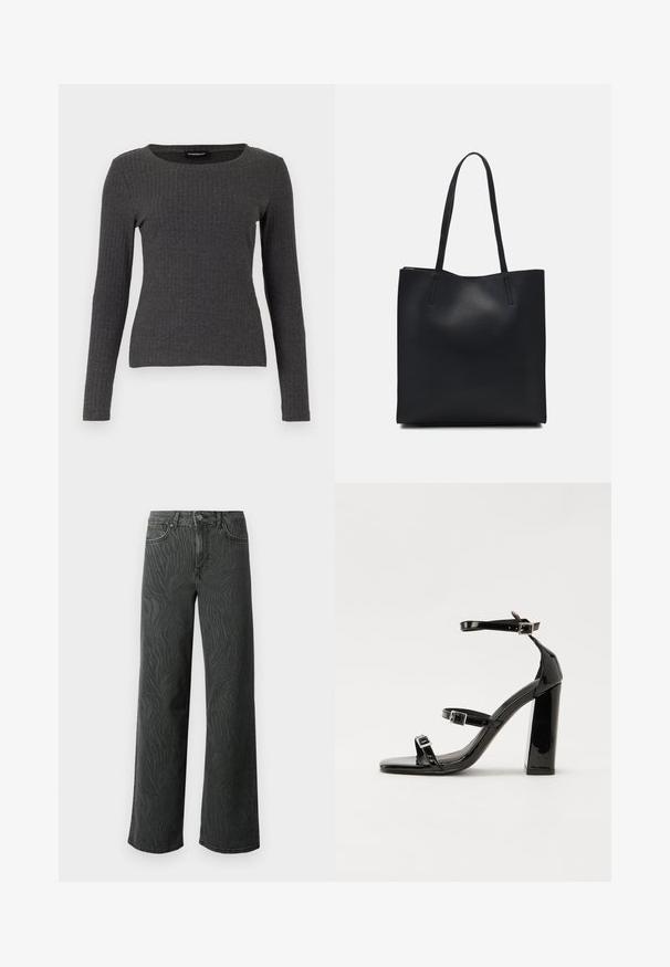 Even&Odd Långärmad tröja - dark grey melange; Videbeniga jeans i mörkgrå denim, med en subtil zebramönstrad struktur, kontrasterande sömmar och fem fickor med knappsgylf.; Svarta lackerade högklackade sandaler med två spännband, fyrkantig tå och en tjock klack, med en slät och glansig yta.; Svart lädertoffelväska med slät textur, rektangulär form och två långa handtag. Ingen synlig hårdvara eller dekorationer.