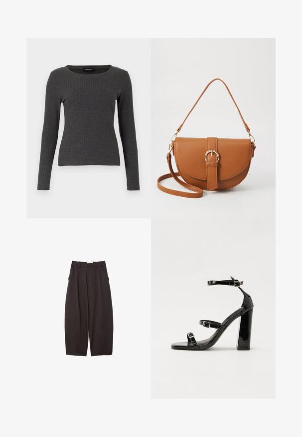 Even&Odd Långärmad tröja - dark grey melange; Svarta vida byxor i ett mjukt tyg, med hög midja, framfickor och sidofickor. Enkel design utan utsmyckningar.; Svarta lackerade högklackade sandaler med två spännband, fyrkantig tå och en tjock klack, med en slät och glansig yta.; Brun läder crossbody-väska med en böjd form, gyllene detaljer och en spänneaccent. Har en avtagbar axelrem.