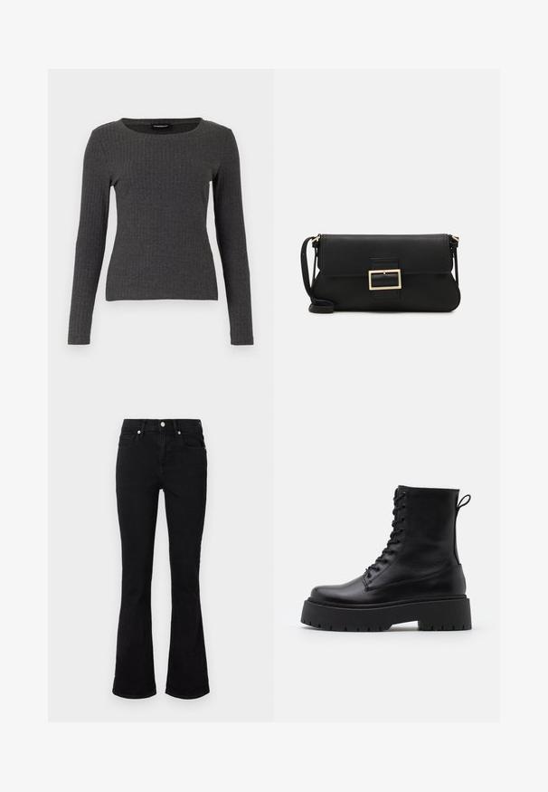Even&Odd Longsleeve - dark grey melange; Zwarte flared jeans van denim, met een middelhoge taille, voorzakken en knoopsluiting. Soepele textuur met minimale stikdetails.; Zwarte leren enkelboots met een ronde neus, vetersluiting aan de voorkant en een dikke rubberen zool met een gestructureerd profiel. Trekbandje aan de achterkant.; Zwarte leren clutch met een klep en een gouden metalen sluiting. Inclusief een zwarte schouderband en een slank, minimalistisch ontwerp.; Gouden oorringen, dun en rond van vorm, met een gladde metallic afwerking en zonder versieringen of patronen.