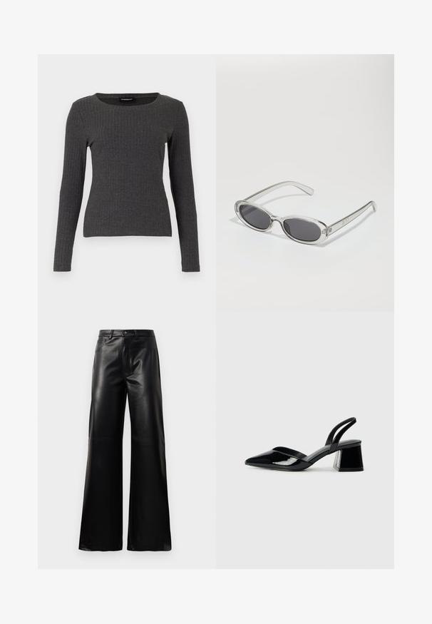Even&Odd Langarmshirt - dark grey melange; Schwarze leichte, weit geschnittene, hochtaillierte Kunstlederhose mit vorderem Knopf, Reißverschluss, Gürtelschlaufen und Seitentaschen auf weißem Hintergrund.; Schwarze Lackleder-Slingback-High Heels mit spitzem Schuh und einem geometrischen Blockabsatz. Verfügt über ein schlankes, minimalistisches Design und eine glatte Textur.; Sonnenbrille mit ovaler Form, klarem Kunststoffrahmen, dunkelgrauen Gläsern und dünnen transparenten Bügeln mit Logo-Akzenten und minimalen Details.