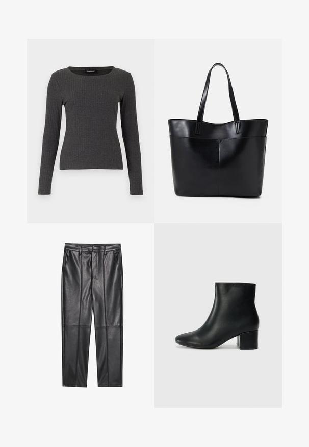 Even&Odd Ilgarankovis viršutinės dalies drabužis - dark grey melange; Juodos odinės kelnės su lygiu tekstūru, tiesaus kirpimo, dviem priekinėmis kišenėmis ir matomomis siūlėmis.; Juodos odinės aulinės botai su smailiu priekiniu pirštu ir storu kulnu. Lygus tekstūra su minimaliomis detalėmis ir elegantišku, tvirtai priglundančiu dizainu.; Juoda odinė rankinė su dviem ilgais diržais, lygiu paviršiumi ir struktūrizuota forma. Yra priekinė kišenė papildomam saugojimui.