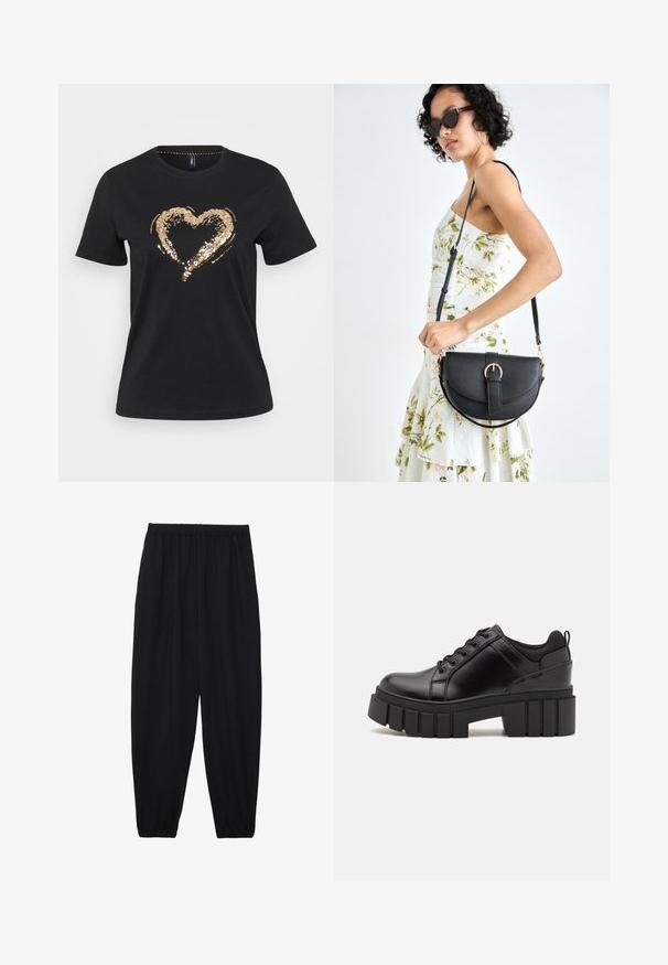 Melnā kokvilnas t-kreklā ar īsām piedurknēm centrā ir zelta pērlīšu sirds dizains, veidojot teksturētu un atstarojošu detaļu.; Melnas, vieglas bikses ar elastīgu jostu un savilktiem potītiem. Audums ir gluds un to raksturo brīva, sašaurināta forma.; Melnas ādas platformas kurpes ar masīvu bloku papēdi, apaļu purngalu un tradicionālu saistīšanas dizainu. Izceļas ar gludu tekstūru un minimālu apdari.; Melnas ādas rokassoma ar izliekta formu, noņemamu siksnu un zelta aksesuāriem. Somai ir vāciņš ar sprādzes detaļu.