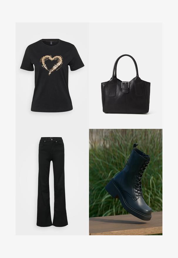 T-shirt preto de manga curta feito de algodão, com um design de coração em lantejoulas douradas no centro, criando um detalhe texturizado e refletivo.; Jeans ajustados pretos em denim, com cintura alta, cinco bolsos e fecho de botão metálico. Textura suave com detalhes mínimos.; Botas de tornozelo em couro preto com biqueira redonda, fecho de atacadores na frente e um salto grosso e robusto. Apresenta costuras detalhadas e uma textura de superfície suave.; Bolsa tote de couro preta com textura suave, forma estruturada, duas alças e um destaque prateado proeminente na parte da frente.