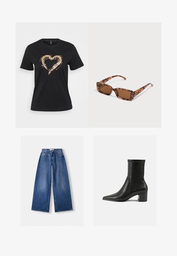 Svart t-shirt med kort ärm i bomull som har ett guldpaljetthjärta i mitten, vilket skapar en strukturerad och reflekterande detalj.; Bershka WIDE-LEG - Wide leg - dark blue; Svart ankelboot i slät läder, med en spetsig tå, en blockklack och distinkt upphöjd söm längs den övre kanten.; Sköldpaddsmönstrade solglasögon med rektangulära bruna linser, en tjock ram och smala bågar som har ett mönster av varierande nyanser av brunt.
