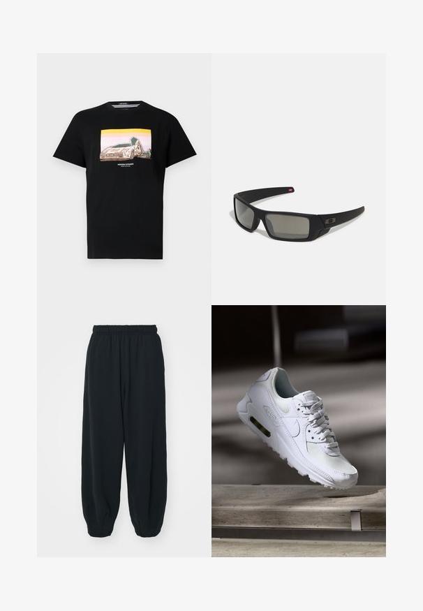 Črna bombažna majica s kratkimi rokavi z grafičnim tiskom avtomobila ter oblikovnimi elementi v roza in rumeni barvi. Ima okroglo ovratnico.; Črne, elastične hlače za prosti čas z ohlapnim krojem, manšetami na gležnjih, gladko teksturo in brez vidnih vzorcev ali dodatkov.; Bela Nike Air Max 90 športna obutev z mrežastim in usnjenim zgornjim delom, perforiranim prstnim delom in vidno zračno enoto v peti.; Crne sončne naočale s mat površinom, pravokutne leće, blagi luk na sljepilima, diskretna oznaka i leće sa dimnim nijansama.