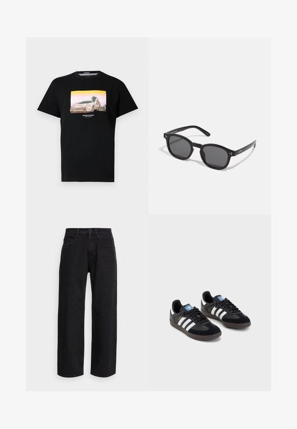 Černé bavlněné tričko s grafickým potiskem auta a designovými elementy v růžové a žluté barvě. Kulatý výstřih a krátké rukávy.; Černé denimové kalhoty širokého střihu s vysokým pasem, vybavené pěti kapsami a knoflíkovým zapínáním. Materiál má hladkou strukturu a mírnou pružnost.; Černé tenisky s vrškem z semiše a syntetického materiálu, s třemi bílými pruhy, texturovanou gumovou podrážkou a modrou nášivkou loga na jazyku.; Černé oválné sluneční brýle s tmavými skly, silnými rámy a stříbrnými tečkami na stranách. Hladký plastový materiál, moderní design.