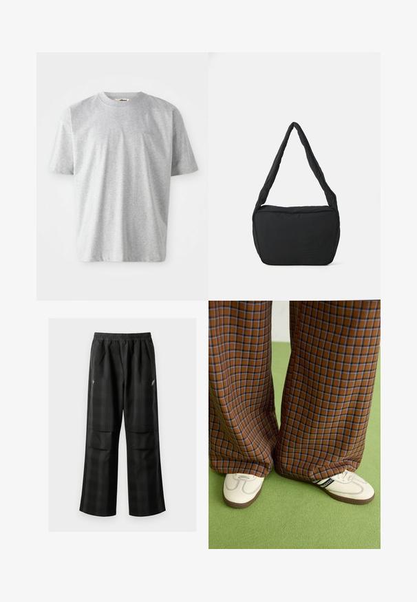 Hallav gray lühikeste varrukatega T-särk, mis on valmistatud pehmest materjalist. Omab ümmargust kaelust ja diskreetset logo, mis on esiosas tikitud.; Mustas ruudulised püksid, millel on elastne vöökoht, kaks esimest taskut ja laiem lõige sirge jala disainiga. Valmistatud kergest materjalist.; Pruunide ja siniste ruuduliste laiad püksid, mille juurde on kombineeritud valged kingad mustade aktsentidega ja tekstuursete taldadega, roheline taust.; Must have kaelus kott pehmendatud tekstuuriga, ümmargune kuju ja lai rihm, mille esipaneelil on reljeefne logo.