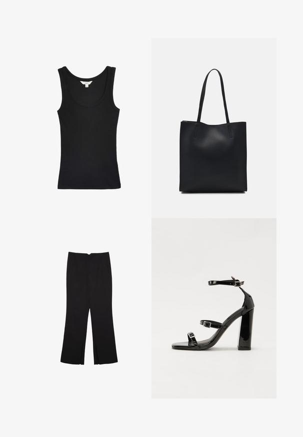 Sort ærmeløs tanktop med rund halsudskæring; lavet af et glat, strækbart stof; har et mærkat med "M&S" indeni.; Sorte bukser med lige pasform, der har frontlommer og slidser i kanten. Lavet af blødt, glat stof. Velegnet til forskellige anledninger.; Sorte patenterede hælsandaler med firkantet tå, ankelremme og sølvspænder. Har en chunky blokHæl for stabilitet.; Sort læder tote taske med glat tekstur, rektangulær form og to lange hanke. Ingen synlig hardware eller udsmykninger.