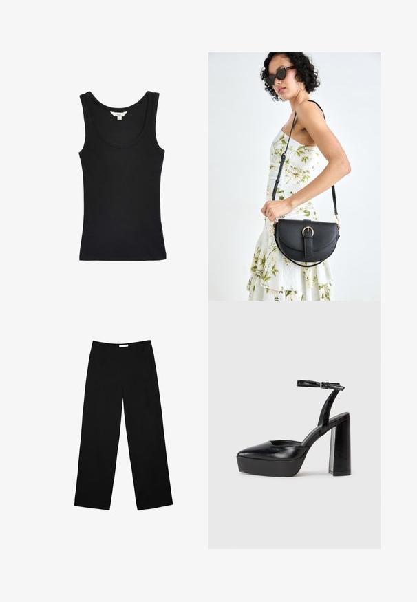 Schwarzes ärmelloses Tanktop mit rundem Halsausschnitt; aus einem glatten, elastischen Stoff gefertigt; enthält ein Etikett mit der Aufschrift "M&S" innen.; Schwarzfarbene weite Hosen aus einem glatten Stoff, mit einem schlichten Design und einem dezenten seitlichen Reißverschluss zum Verschließen.; Schwarze Plateau-High Heels mit spitzem Zeh und verstellbarem Knöchelriemen. Gefertigt aus glattem Leder und mit einem klobigen Blockabsatz.; Schwarze Lederhandtasche mit geschwungener Form, abnehmbarem Tragegurt und goldenen Beschlägen. Die Tasche verfügt über einen Deckel mit einer Schnallen-Details.