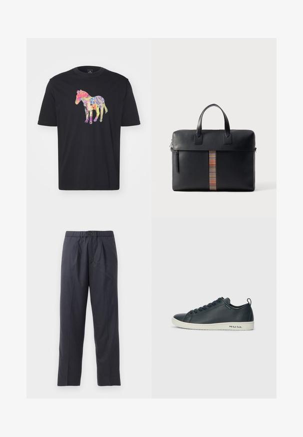 Svart t-shirt med en färgglad, konstnärlig hästdesign i nyanser av rosa, gult och blått, som visar komplexa mönster och texturer.; Mörk marinblåbyxor av mjukt tyg med veckad design fram och elastisk midja. Har en knappstängning och rak benöppning.; Mörkblå lädersneaker med en slät finish, rund tå, sex ögla snörning och kontrasterande vit gummisula. Har varumärke på sidan.; Paul Smith BAG FOLIO UNISEX - Portfölj - black