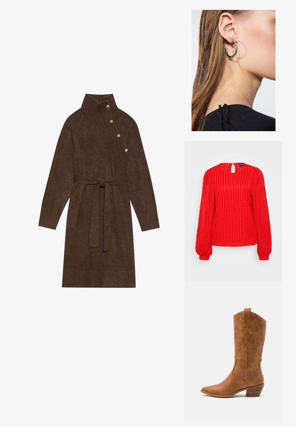 Czerwony sweter z dzianiny z pionowymi prążkami, długimi bufiastymi rękawami, okrągłym dekoltem z wycięciem z tyłu oraz luźnym krojem.; Brązowa dzianinowa sukienka swetrowa z wysokim prążkowanym kołnierzem, bocznymi guzikami i pasującym paskiem z tego samego materiału. Prążkowane mankiety i dół dodają tekstury.; Brązowe skórzane kowbojki z wyciągniętym nosem, haftowanymi wzorami spiralnymi na cholewie oraz blokowym obcasem. Posiadają pętlę ułatwiającą zakładanie.; Srebrny kolczyk w kształcie koła z polerowanym wykończeniem, z małymi złotymi akcentami, noszony na płatku ucha.