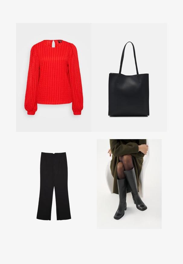 Rdeča pletena jopica z vertikalnim rebrastim vzorcem, dolgimi napihnjenimi rokavi, okroglim ovratnikom z režo na hrbtni strani in sproščenim krojem.; Črne hlače ravnega kroja z naglavnimi žepi in stranskimi razporki na robu. Narejene iz mehke, gladke tkanine. Primerne za različne priložnosti.; Črne usnjene čevlje do kolen s kvadratnim prstom in blok peto, prikazani na modelu, ki sedi v olivno zeleni plašču. Gladka tekstura, minimalne podrobnosti.; Črna usnjena torba s svilnato teksturo, pravokotne oblike in dvema dolgima ročajema. Brez vidnih metalnih delov ali okrasnih elementov.