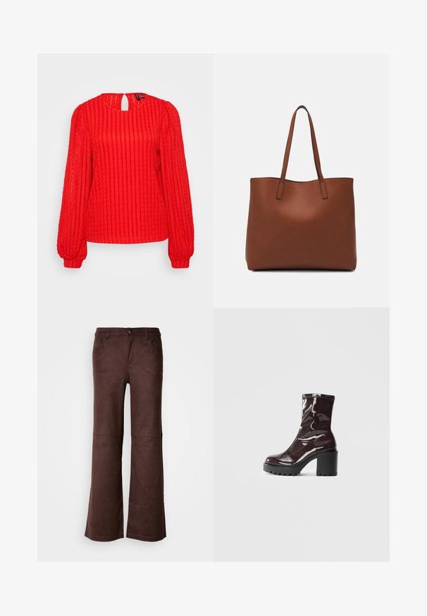 Rød strikket genser med vertikale ribber, lange puffermer, rund halslinning med nøkkelhull bak og en avslappet passform.; Brune flare bukser i et blødt, suede-lignende stof. Har fire lommer, en knaplukning og en glat, tekstureret overflade.; Glinsende burgunder ankelstøvel med en kraftig svart hæl, med en glatt tekstur og enkelt design. Ingen synlige lukkinger eller mønstre.; Brun lær tote veske med en jevn tekstur, åpen toppdesign og to skulderstropper. Har minimal søm og ingen synlige spiker.