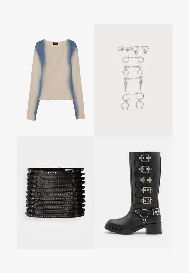 Top cu mânecă lungă în bej deschis, având un design în gradient de albastru. Textură netedă cu decolteu rotund și tiv drept.; Fustă mini din piele neagră, cu detalii din curele orizontale și ținte argintii de-a lungul marginii superioare și pe părțile verticale.; Cizmă de piele netedă, până la genunchi, de culoare neagră, având șase catarame argintii, o curea lată cu inel O și un toc robust.; Set de cercei din argint cu diverse modele: cercei rotunzi, cercei tip pandantiv și cercei cu aplicări, cu elemente sferice și ascuțite.