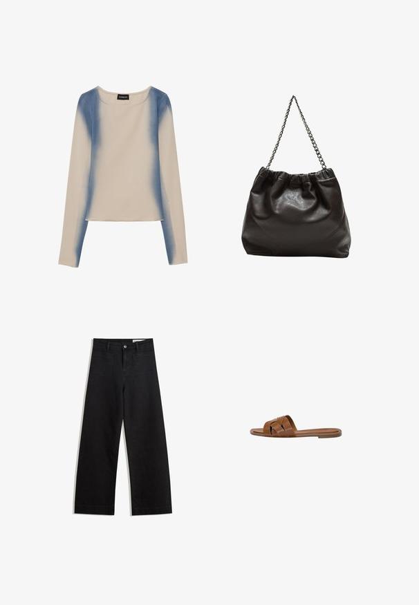 Dugi rukav u svijetloj bež boji, s gradient dizajnom u plavim nijansama. Glatka tekstura s okruglim izrezom i ravnim rubom.; Crne široke traperice s visokim strukom, s prednjim i stražnjim džepovima, šivenim šavovima i kopčanjem na gumb. Glatka tekstura.; Smeđe kožne sandale na klizanje s ukriženim trakama, ravnim potplatom i glatkom površinom. Jednostavan dizajn bez ukrasa ili uzoraka.; Smeđa kožna torba s naboranim vrhom i lančićem za nošenje. Glatka tekstura s sjajnim završetkom i suptilnim šavnim detaljima sa strane.