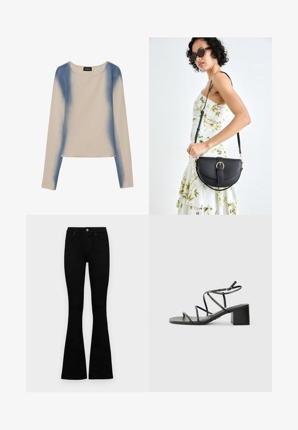 Pitkähihainen paita vaaleassa beigeissä, jossa on liukuvärjätty sininen kuvio. Sileä pinta, pyöreä pääntie ja suora helma.; Mustat korkeavyötäröiset farkut nappi- ja vetskariyläosalla, etutaskuilla ja levenevillä lahkeilla, asetettuna tasaisesti valkoista taustaa vasten.; Mustat korsettikengät, joissa on neliön muotoinen varvas ja paksu korko, valmistettu sileästä materiaalista. Varustettu säädettävillä nilkkahihnoilla ja minimilla varusteilla.; Musta nahkainen käsilaukku, joka on kaareva muotoilultaan, irrotettavalla hihnalla ja kultaisilla yksityiskohdilla. Laukussa on läppä, jossa on solk yksityiskohta.