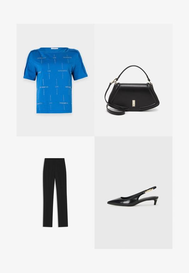 Niebieska bawełniana koszulka z krótkim rękawem, dekoltem żaglowym oraz srebrnymi wzorami tekstowymi z napisem "LOVE" i "PATRIZIAPPE" rozmieszczonymi na całej powierzchni.; Czarne spodnie o dopasowanym kroju z prostymi nogawkami, z przednimi kieszeniami i gładką, teksturowaną tkaniną. Schludne, minimalistyczne wykończenie.; Czarne skórzane szpilki typu slingback z ostrym noskiem, posiadające smukły obcas i złoty akcent na regulowanym pasku. Gładka tekstura.; Czarna skórzana torebka o strukturalnym designie, z przyciętą formą, górnym uchwytem i złotymi akcentami. W zestawie regulowany pasek na ramię.
