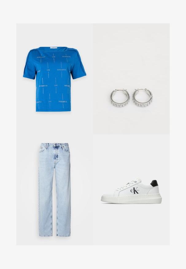 Blå bomulds T-shirt med korte ærmer, bådformet halsudskæring og sølvfarvede tekstmønstre, der læser "LOVE" og "PATRIZIAPPE" over det hele.; Lyseblå brede jeans lavet af denim, med høj talje, falmet vask og subtil tie-dye mønster langs fronten.; Hvide lavtoppede sneakers med sort hælkænke, platformssål, snørebånd og Calvin Klein "CK" logo på siden.; Sølv hoop øreringe med et struktureret design, der har lodrette riller. Cirkelformede med en sikker lås. Glat finish.
