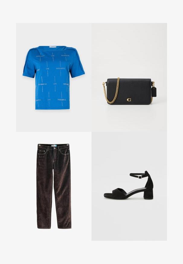 Blauwe katoenen t-shirt met korte mouwen, een bootnek en zilveren tekstpatronen met de woorden "LOVE" en "PATRIZIAPPE" verspreid over het shirt.; Bruine corduroy rechte broek met vijf zakken, contrasterende stiksels en een knoopsluiting bij de taille. Zachte textuur met een geribbeld patroon.; Zwarte suede hakken met een dunne enkelband, open teen ontwerp en een bescheiden blokhak. Zachte textuur en minimale accenten.; Zwarte leren crossbody tas met een textuur op het oppervlak, gouden kettingriem en een klein label. Heeft een opvallend logo aan de voorkant.