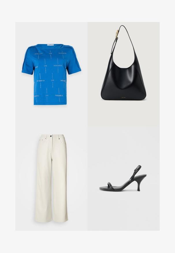 Blue cotton t-shirt featuring short sleeves, a boat neckline, and silver text patterns reading "LOVE" and "PATRIZIAPPE" throughout.; Cream wide-leg pants made of smooth fabric. Features a mid-rise waist, zipper fly, and two front pockets with black hardware accents.; Black leather high-heeled sandals with a slim, curved heel and a crossed strap design. Adjustable ankle strap. Smooth texture.; Black leather shoulder bag with a smooth texture, curved silhouette, and a gold hardware accent. Features embossed brand logo at the base.