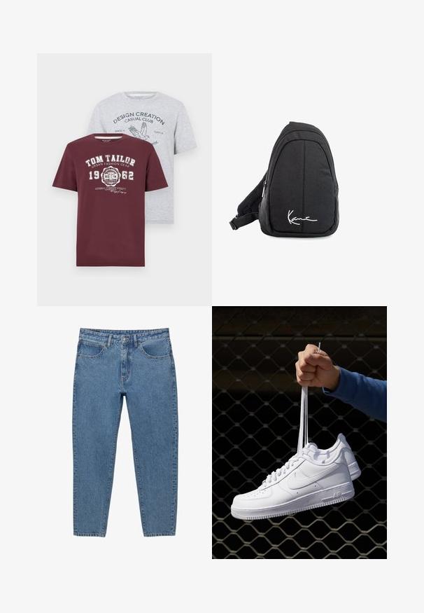 Dwie koszulki: jedna bordowa z białym nadrukiem, z logotypem "TOM TAILOR"; druga jasnoszara z niebieskim tekstem graficznym i wzorem ptaka. Krótkie rękawy, mieszanka bawełny.; Niebieskie dżinsy o prostym kroju nogawki, pięć kieszeni i zamek błyskawiczny. Charakteryzują się widocznym przeszyciem i wyblakłą teksturą.; Białe skórzane sneakersy z perforacjami, okrągłym noskiem, płaską podeszwą i grubymi sznurówkami, z widocznym logo swoosh i napisem „AIR” na pięcie.; Czarny plecak na ramię z gładkiego materiału, o zaokrąglonym kształcie, z zamykaną komorą i białym logo z przodu.