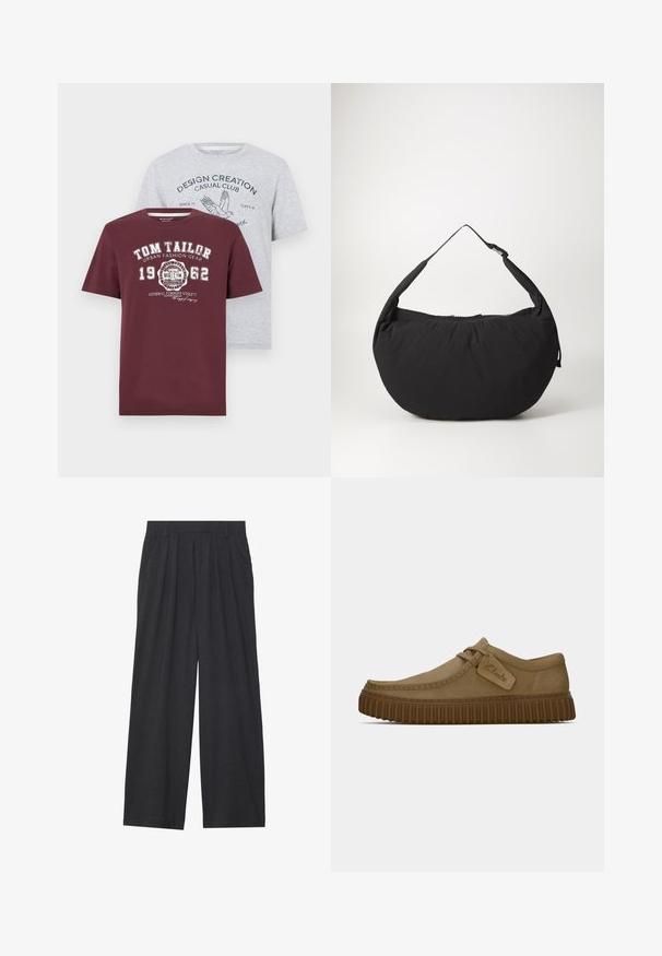 Du mėgstami marškiniai: vieni bordo spalvos su baltais užrašais, ant kurių yra "TOM TAILOR" logotipas; kiti šviesiai pilki su mėlynu grafiniu tekstu ir paukščio dizainu. Trumpomis rankovėmis, medvilnės mišinys.; Tamsiai pilkos spalvos plačios kojos kelnės. Su klostėmis ties juosmeniu, pritaikyta konstrukcija ir tiesi siluetas.; Šviesiai rudos zomšinės bateliai su apvaliu pirštu, siuvinėjimo detalėmis ir raguota ruda guma. Su šonine etikete su "Clarks" logotipu.; Juodas audinio peties maišas su kreiviu pavidalu, turintis vieną dirželį ir užtrauktuku uždaromą. Minkšta tekstūra, minimalistinis dizainas.