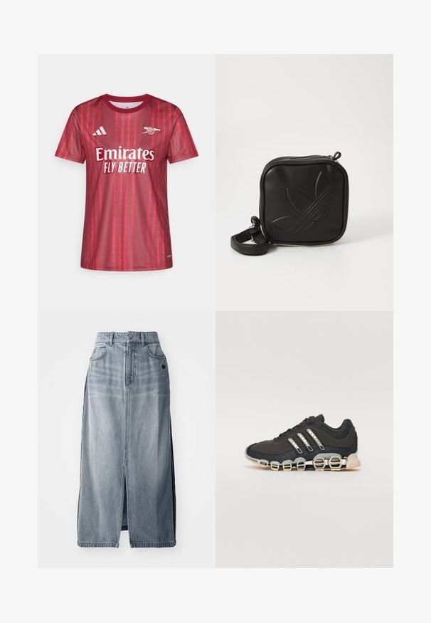 Rood sportshirt met korte mouwen met zigzagpatronen, wit "Emirates Fly Better"-logo en Adidas-logo op de borst. Soepele stoftextuur.; Denimrok in lichtblauw met een voorknop en twee zakken, plus logodetail. Heeft een hoge taille en een rechte pasvorm, gemaakt van duurzaam materiaal.; Zwarte sportschoen met een gestructureerde bovenkant, drie zilveren strepen en een kenmerkende dempingszool met meerdere geïntegreerde secties.; Zwarte vierkante crossbody tas van gestructureerd synthetisch materiaal. Met een reliëflogo ontwerp en een verstelbare schouderband. Ritssluiting.