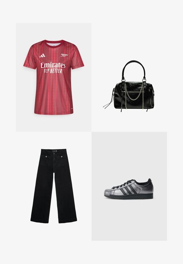 Rød sportstshirt med korte ærmer med zigzag-mønstre, hvid "Emirates Fly Better"-logo og Adidas-logo på brystet. Glat stoftekstur.; Sorte vidde jeans med høj talje, der har to forlommer og metalknapdetaljer. Stoffet har en glat tekstur.; Sorte og metal-sølvfarvede sneakers med en rundet tå, tre sorte striber og en tekstureret overdel. Sorte snørebånd og gummisål.; Bershka WITH CHAIN - Håndtasker - black