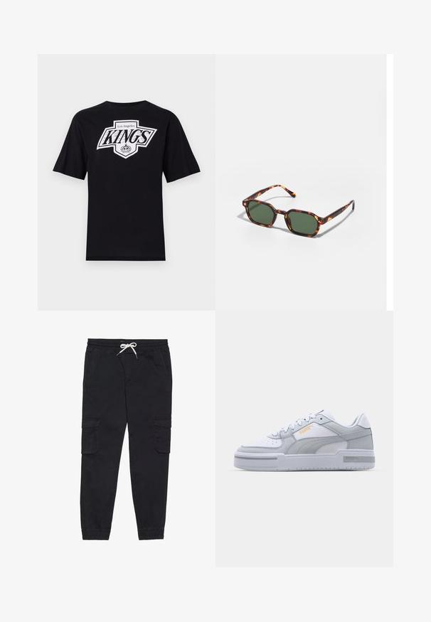 Must t-särk lühikeste varrukatega, millel on ees valge ja halli värvi "Los Angeles KINGS" logo, ning teksti all ringikujuline krooni graafika.; Mustad mustad püksid, mis on valmistatud puuvillast, elastse vöökoha ja paelaga, küljetaskud ja kitsenevad varrukaotsad.; Hallide ja valged sneakerid sujuva nahast ülemise osa, augustatud varvase, paelakinnituse, tekstuursete aktsentide ja peene kuldse logoga.; Kilpkonnakuju prillid roheliste läätsega, millel on kaheksanurkne kuju ja kitsad, kaarduvad varred. Materjalil on läikiv viimistlus.
