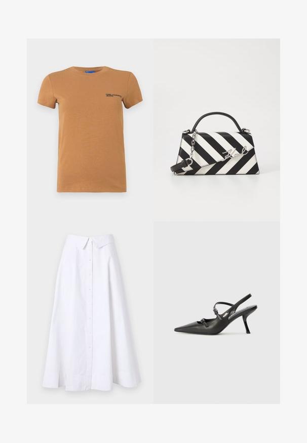 Short-sleeve tan crewneck t-shirt with "KARL LAGERFELD JEANS" logo printed on the left chest.; White long skirt made of lightweight fabric, featuring a button-down front, wide hem, and a structured collar. Smooth texture with no visible pattern.; Black leather slingback heels with a pointed toe, slender heel, and decorative buckle detail on the vamp. Smooth texture and sleek design.; Black and white striped handbag with a structured shape, featuring a top handle, a detachable chain strap, and metallic logo accent.