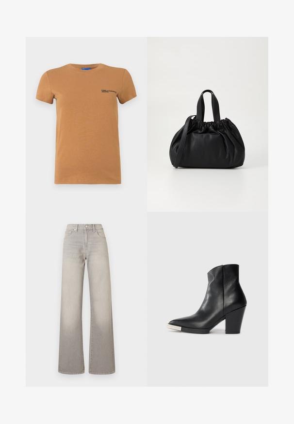 Short-sleeve tan crewneck t-shirt with "KARL LAGERFELD JEANS" logo printed on the left chest.; Gray wide-leg jeans with a faded finish, button closure, five-pocket design, and stitched detailing along the seams.; Black leather ankle boot with a pointed toe, high block heel, and silver toe cap detail. Smooth texture and simple design.; Black leather handbag with a gathered top design, featuring two short handles and a long adjustable strap. Smooth texture, rounded shape.