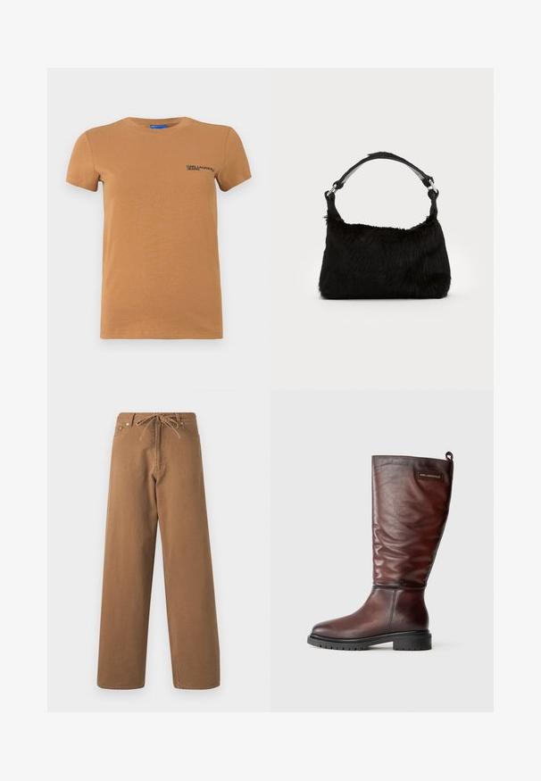 Trumpas rankovės tan spalvos marškinėliai su "KARL LAGERFELD JEANS" logotipu spausdintu kairėje krūtinės pusėje.; Rudos plačios kojos kelnės, pagamintos iš medvilnės, su raišteliu liemenyje ir dviem priekinėmis kišenėmis. Tekstūruota medžiaga su lygia apdaila.; Rudi odiniai iki kelių batai su šiek tiek pasvirusiu dizainu, apvalia nosimi ir storu, tekstūruotu juodu guminio padu. Yra logotipo randas.; Juodas dirbtinio kailio rankinės maišelis su minkšta tekstūra, apvalia forma ir tvirtu juodu odiniu peties dirželiu. Matomi sidabriniai akcentai.