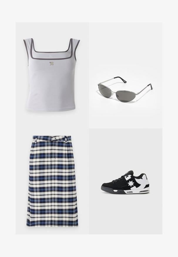 Kübehall-hall tank top, mis on valmistatud siledast kangast, millel on kontrastne tumedat toon ja väike tikandiga logo keskosas.; Mereõngus seelik tumesinises, valges ja hallis. Omab sirget siluetti,nööbiklappi ning peent tekstuuri ruudustikuga.; Mustvalge toss, mis on valmistatud nubuk- ja võrgumaterjalist. Omab silmapaistvat tähelogo ja julgeid aktsente külgedel, samuti pehmet talda.; Prillispid prillid, millel on peen hõbedane metallraam, hallid toonitud läätsed ja aerodünaamiline disain, millel on teravad servad ja õhukesed varred.