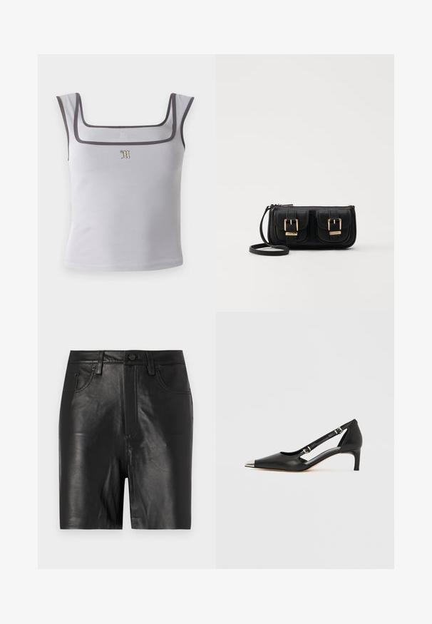 Gray square-neck tank top, made of smooth fabric, featuring a contrasting dark trim and a small embroidered logo at the center front.; Black leather shorts with a smooth texture, featuring a front zip, button closure, and classic five-pocket design.; Black leather kitten heel with pointed silver toe cap and dual buckle straps on a white background.; Black leather crossbody bag with two front pockets, gold buckles, zipper closure, and a slim strap. Textured surface and compact rectangular shape.