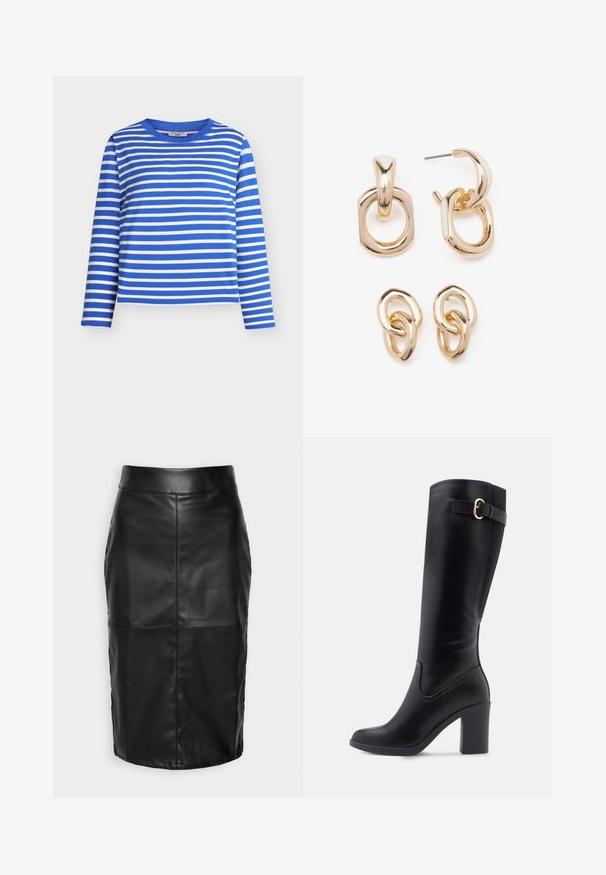 Blau-weiß gestreiftes Langarmshirt mit rundem Ausschnitt. Hergestellt aus weichem Material, mit gleichmäßigen horizontalen Streifen und lockerem Sitz.; Schwarzer Lederrock mit glatter Textur, der über einen hohen Bund und genähte Nähte verfügt, die eine dezente, strukturierte Form schaffen.; Knielange schwarze Stiefel aus synthetischem Material mit quadratischer Spitze, Blockabsatz, seitlicher Schnallendetails und glatter Oberflächenstruktur.; Goldfarbene Ohrringe mit einer Mischung aus geometrischen Formen: einem Quadrat, einem Kreis und miteinander verbundenen ovalen Designs mit einer polierten Oberfläche.