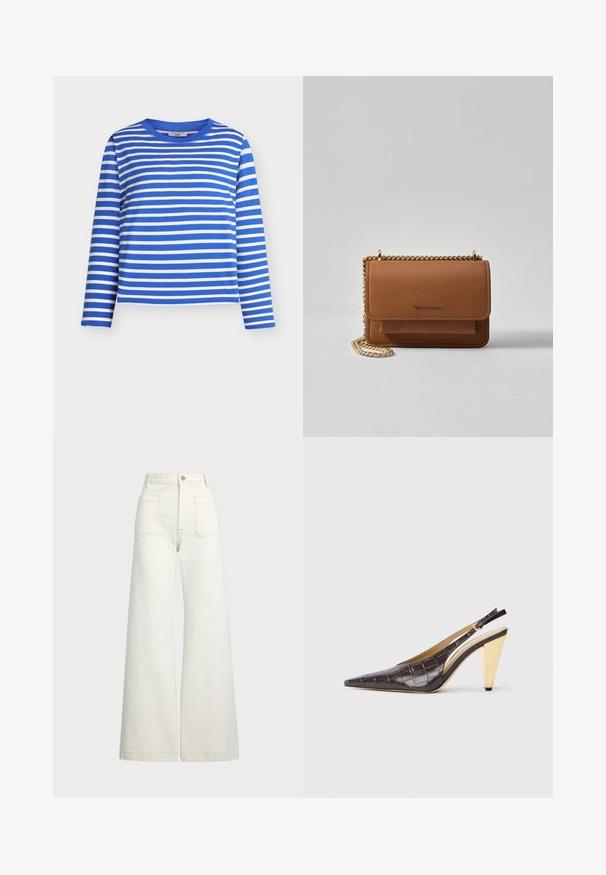 Blue and white striped long-sleeve shirt with a round neckline. Made of soft material, featuring even horizontal stripes and a relaxed fit.; Wide-leg jeans in off-white denim. High-waisted design with a button closure, two front pockets, and contrast stitching details.; Pointed-toe slingback heel in dark brown glossy faux crocodile leather. Features a gold-tone geometric heel and adjustable ankle strap.; Brown textured leather crossbody bag with gold chain strap and flap closure. Front features logo detail and a pocket under the flap.