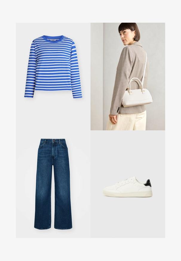 Modra in bela majica z dolgimi rokavi s črtami in okroglim izrezom. Izdelana iz mehke tkanine, z enakomernimi vodoravnimi črtami in sproščenim krojem.; Hlače z visokim pasom in širokimi nogavicami iz temno modrega denima z gladko teksturo, kontrastnim šivanjem in zasnovo s petimi žepi. Sprednje zapiranje na gumb.; Bele usnjene superge s okroglimi prsti, zavezovanjem spredaj, perforiranimi detajli in črnim poudarkom na peti. Teksturirana guma podplat.; Bela strukturirana torba z kratkimi ročaji in naramnim trakom, z zlatimi okrasnimi elementi in teksturiranim materialom, prikazana na sivi podlagi.