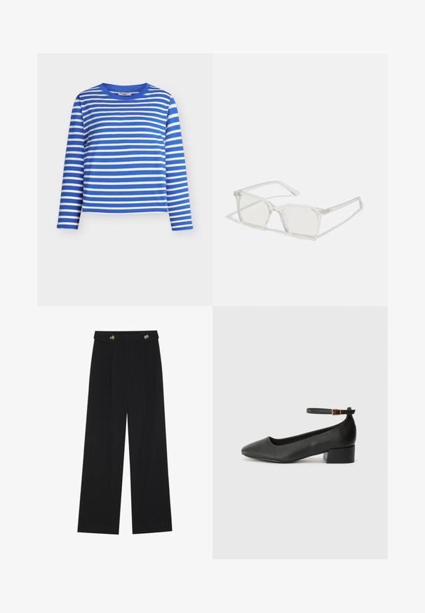 Blå og hvit stripete langermet skjorte med rund hals. Laget av mykt materiale, med jevne horisontale striper og en avslappet passform.; Svart vide bukser med høy midje, knappdetaljer på midjebåndet og frontplisser.; Sorte skinnpumper med spiss tå og lav blokkhelt. Har ankelrem med gullfarget spenne. Glatt tekstur.; Klare plastiske briller med kvadratisk innfatning og gjennomsiktige linser, med gullfiner på brillestengene for ekstra detalj.; Svart skinn toteveske med jevn tekstur, strukturert form, to håndtak og en fremtredende sølvspenne foran.