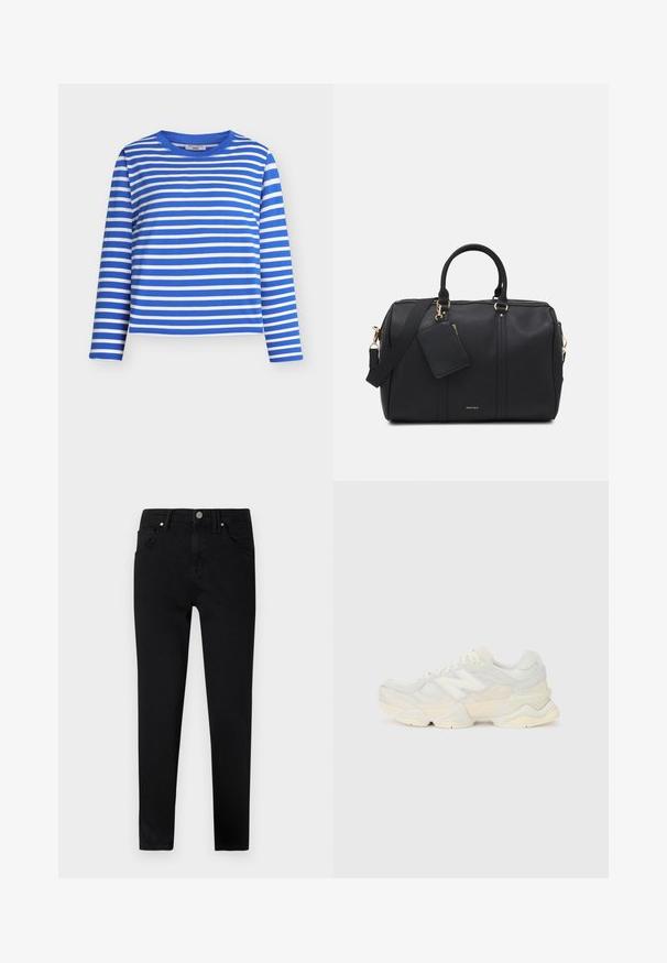 Zils un balts svītrots garroku krekls ar apaļu kakla izgriezumu. Izgatavots no mīksta materiāla, ar vienādām horizontālām svītrām un brīvu piegriezumu.; Melni džinsi ar šauru piegriezumu, ar priekšējo pogu aizdari, jostu cilpiņām un klasisko piecu kabatu dizainu. Gluda tekstūra.; Vieglas sporta apavus ar sieta un zamšādas augšdaļu maigos krēma tonī, ar masīvu zoli un trīsdimensionāliem akcentiem.; Melna mākslīgās ādas sporta soma ar zelta aksesuāriem, divām augšējām rokturiem, regulējamu pleca siksnu un noņemamu tagu kabatu.