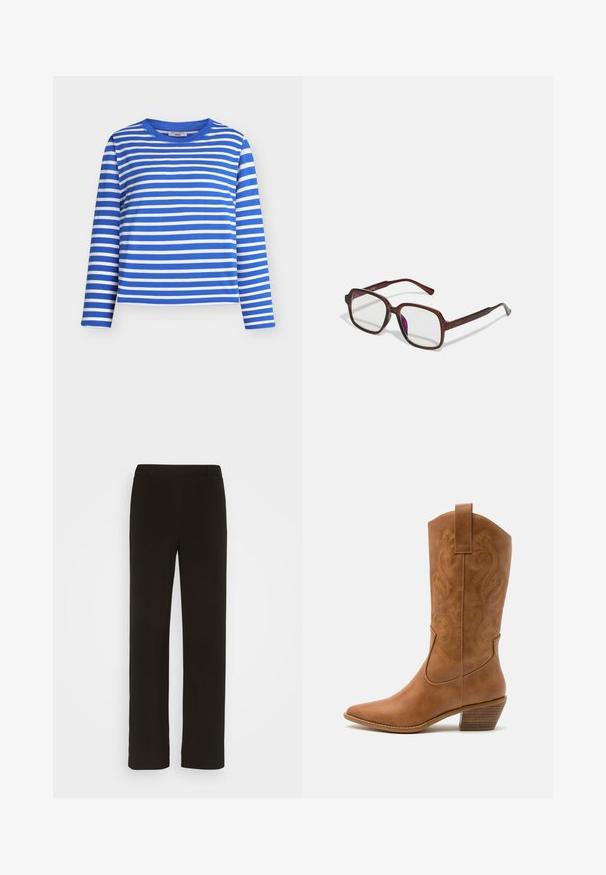 Maglietta a maniche lunghe a righe blu e bianche con scollo rotondo. Realizzata in materiale morbido, presenta righe orizzontali regolari e una vestibilità comoda.; Pantaloni neri a gamba dritta realizzati in tessuto intrecciato, con parte anteriore piatta, due tasche laterali e una superficie liscia. Nessun motivo o decorazione visibile.; Stivale cowboy in pelle marrone chiaro con punta affusolata, modelli ricamati a spirale sull'asta e tacco a blocco impilato. Presenta una linguetta per una facile calzata.; Occhiali rettangolari marroni con lenti trasparenti e tonalità viola. Montatura in plastica liscia con stanghette dritte e accenti sottili.