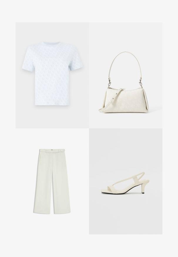 Ljusblå kortärmad t-shirt med ett repetitivt logomönster, rundad halsringning och mjukt tyg. Minimalistisk design.; Vita byxor i ljus krämig tyg, med sidofickor, platt fram och en enda knappstängning vid midjan. Slät struktur.; Beige blockklackade sandaler med tunna remmar och fyrkantig tå. Slätt material med minimal detaljering, utformade för enkel användning.; Vit handväska med slät textur, kurvad silhuett och justerbar axelrem. Har subtilt logomönster och silverfärgade detaljer.