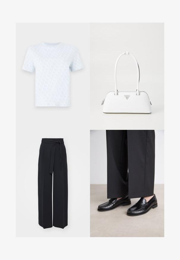 Light blue short-sleeve t-shirt featuring a repetitive logo pattern, crew neckline, and soft fabric texture. Minimalist design.; Wide-leg black trousers made of soft fabric. Features a belted waistband and front pleats. Smooth texture with a clean, contemporary design.; Black leather loafers with a smooth finish, stitched detailing around the toe, and a low rubber sole. Paired with wide black trousers.; White leather handbag with a curved shape, featuring a silver triangular logo and zipper closure. Smooth texture and dual handles.