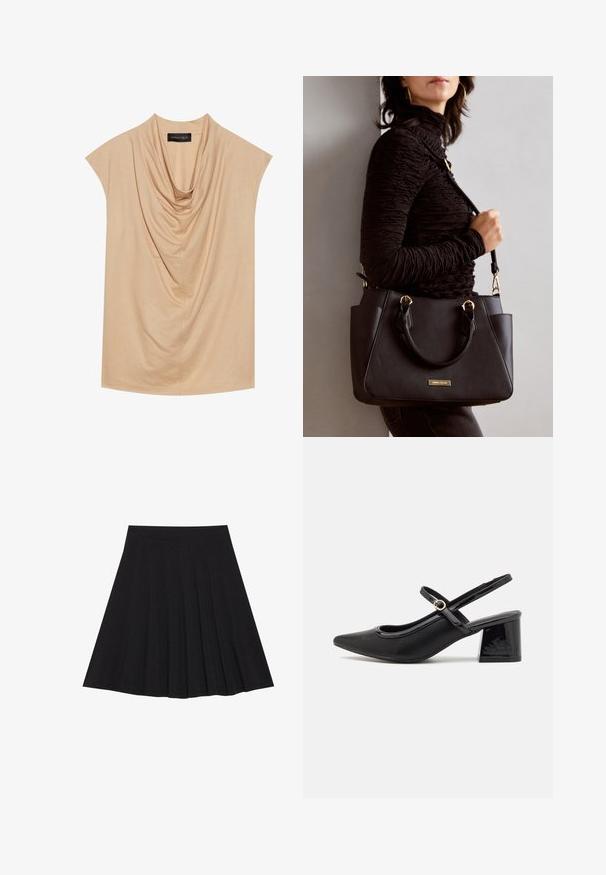 Beige drapēts tops, izgatavots no mīksta auduma, ar īsām piedurknēm un izgriezumu ar cilpu. Gluda tekstūra ar nelielām krokām visā virsmā.; Melna plisētā svārku ir izgatavota no teksturēta auduma ar ietilpīgu jostasvietu. Svārki ir līdz ceļiem un tiem ir gluda, tīra silueta.; Melns patentēts ādas sandales ar norādīta pirksta formu, noapaļotu izgriezuma dizainu un bloķētu papēdi. Iezīmēta ar zelta toņa sprādzi.; Melnā rokassoma ar teksturētu virsmu, diviem augšējiem rokturiem un regulējamu pleca siksnu. Iespējas ar zelta krāsas aparatūru un sānu kabatām.