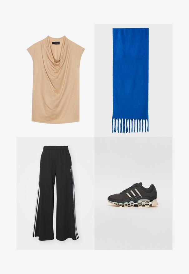 Beige drapert topp laget av mykt stoff, med korte ermer og cowl-hals. Glatt tekstur med subtile folder gjennom hele.; Svart vide joggebukser med elastisk midjebånd, med hvite sidestriper og brodert logo på venstre lår.; Svarte sportsko med en strukturert overflate, tre sølvstriper, og en distinkt støtdempende såle med flere integrerte seksjoner.; Blå frynset skjerf laget av myk stoff; har en ensfarget overflate med en teksturert overflate og jevnt klipte frynser nederst.