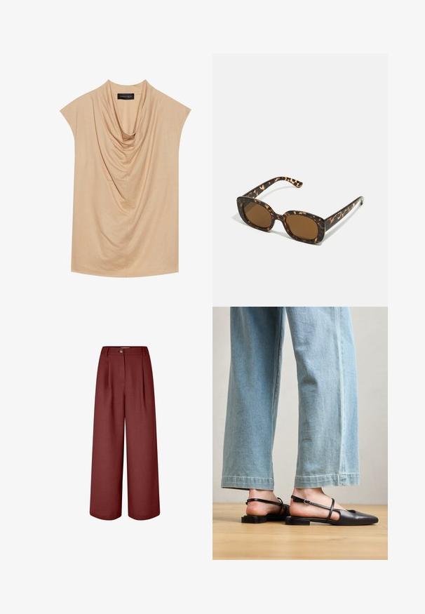 Top bej drapat, confecționat dintr-un material moale, cu mâneci scurte și decolteu în formă de cowl. Textură netedă cu pliuri subtile pe parcurs.; Pantaloni evazați într-o nuanță bogată de burgund, confecționați dintr-un material neted. Au o talie, pliseuri la față și o închidere cu un singur nasture.; Pantofi slingback din piele neagră, cu vârf ascuțit, toc plat și curea la gleznă; purtați cu blugi cu picioare late, de culoare albastru deschis.; Ochelari de soare cu chelă de broască țestoasă, având un cadru rotund și voluminos, cu lentile maro. Prezintă modele subtile și brațe drepte, conice.; Geantă de umăr din piele neagră cu un design curbat, având o curea texturată și accesorii aurii la închiderea de sus. Finish neted.; Set de cercei aurii, cu diverse designuri, inclusiv cercei tip stud, cercei hoop și cercei lungi cu perle și strassuri.