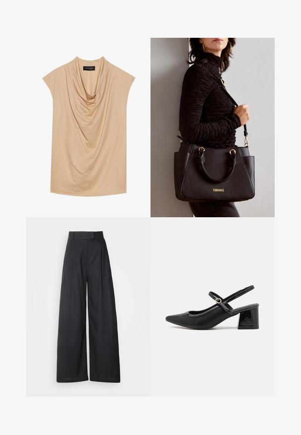 Beige drapēts tops, izgatavots no mīksta auduma, ar īsām piedurknēm un izgriezumu ar cilpu. Gluda tekstūra ar nelielām krokām visā virsmā.; Tumši, plataji svārki ar strukturētu jostas daļu un krokām. Izgatavoti no viegla auduma, ar gludu tekstūru un bez redzamām rakstu zīmēm.; Melns patentēts ādas sandales ar norādīta pirksta formu, noapaļotu izgriezuma dizainu un bloķētu papēdi. Iezīmēta ar zelta toņa sprādzi.; Melnā rokassoma ar teksturētu virsmu, diviem augšējiem rokturiem un regulējamu pleca siksnu. Iespējas ar zelta krāsas aparatūru un sānu kabatām.